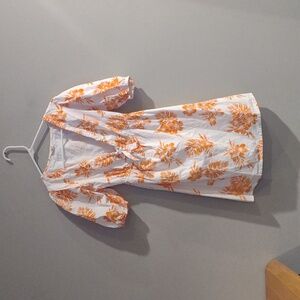 Sim &‎ Sam Women's Medium White Orange Floral V-neck Short Sleeve Cotton Dress